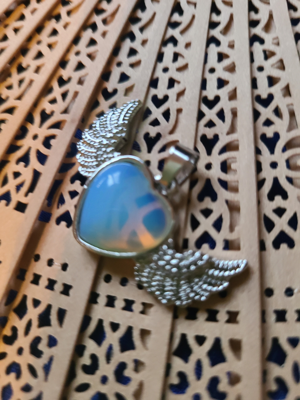 Opalite Heart Wing Pendant Necklace - Silver Tone